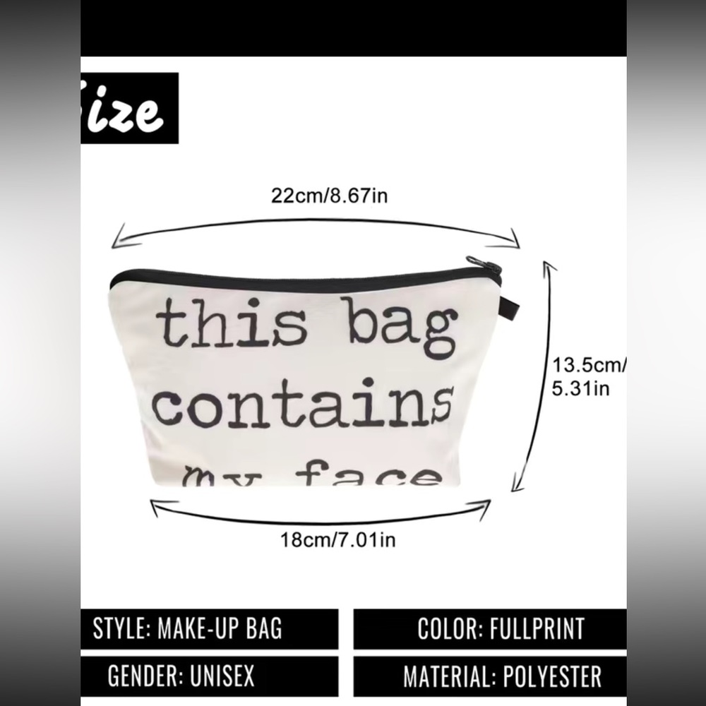 NWT “This Bag contains my face” Make up bag White bag with black lettering - Picture 4 of 5
